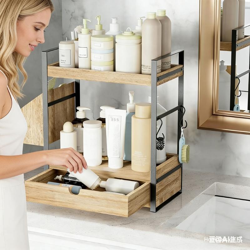 Stylish Wood Countertop Shelf With Open Storage Design For Makeup And Skincare Products