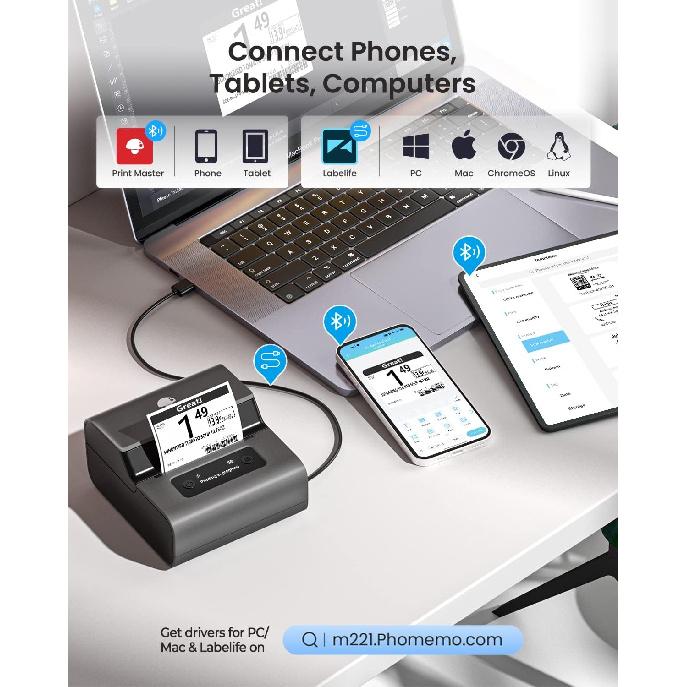 Phomemo M221 Label Maker, New Upgraded 3 Inch Bluetooth Thermal, Easier & More Stable, for Product, Address, Barcode, Small Business, Portable Label
