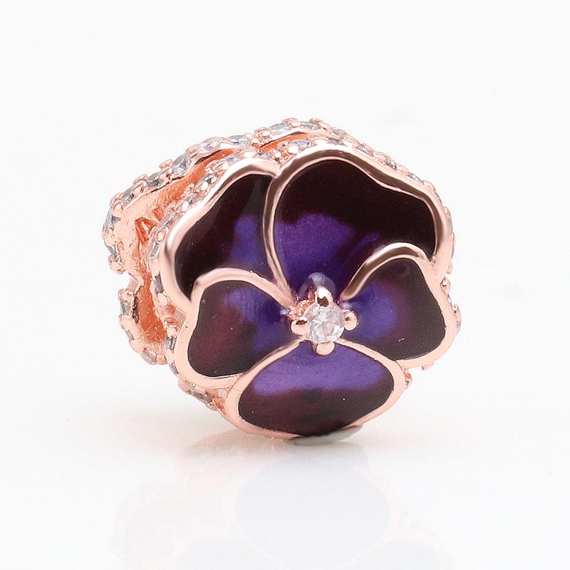 Rose Gold & Deep Purple Pansy Flower Charm - Elegant Beaded Gift for Women розового золота