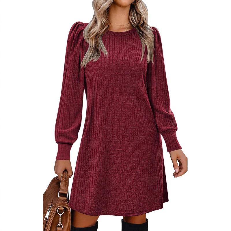Herbst/Winter Kollektion Einfarbiges Rundhals-Langkleid für Damen