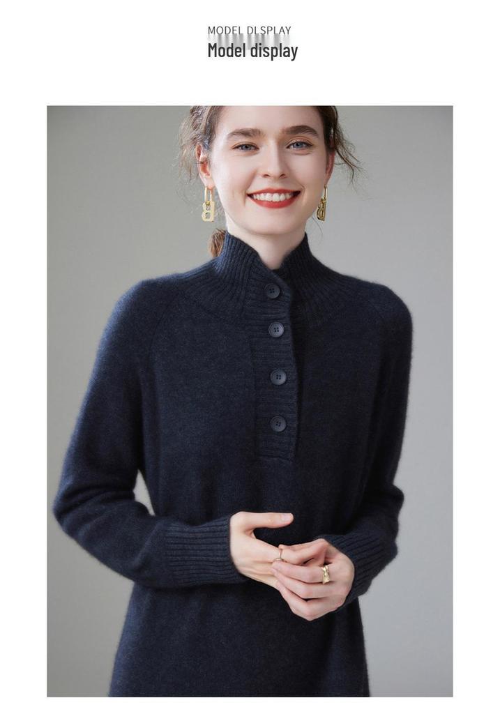 Women's High-Neck Cashmere Knit Dress - Button-Up, Knee-Length, Thick for Autumn/Winter