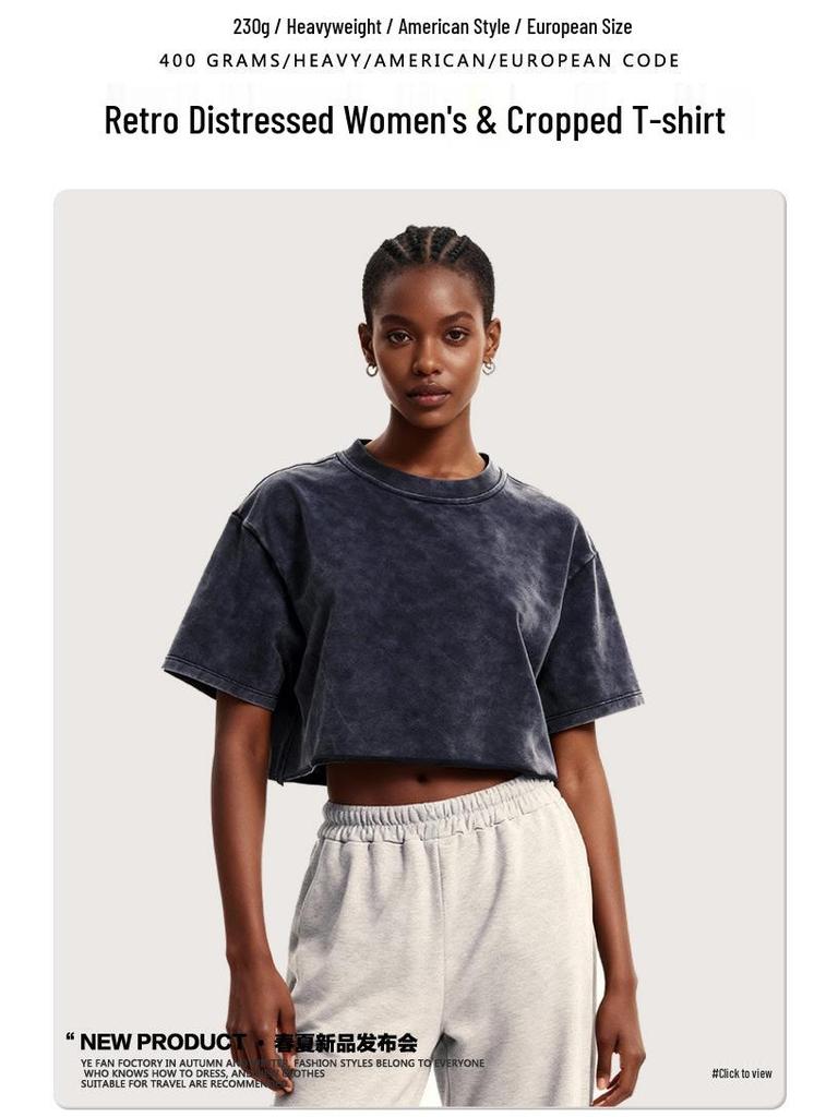 Women's Washed Vintage Cropped T-shirt: Heavyweight 230g Pure Cotton, Retro Loose Fit, Short Sleeve Waist-Length Top