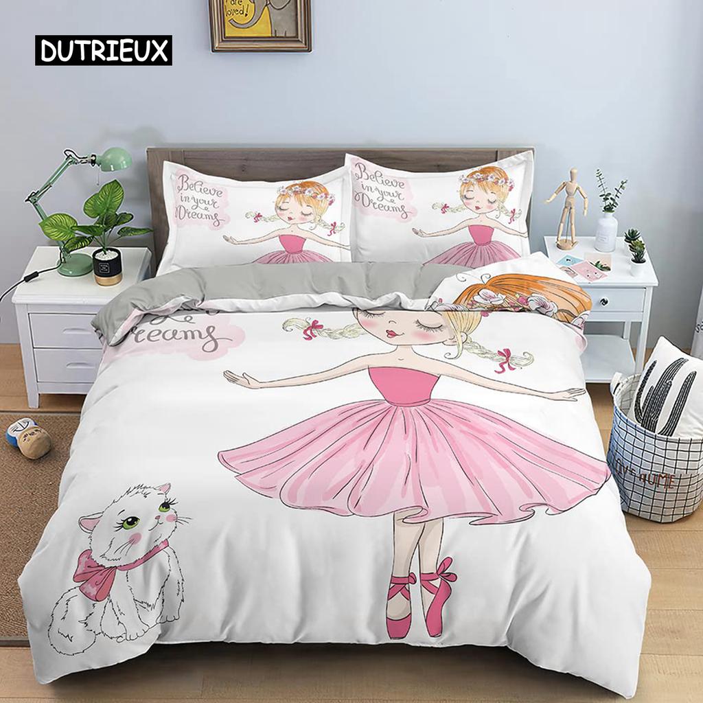 Cartoon Ballet Dancing Girl Duvet Cover Set Twin Size Kids Bedding Princess Nordic 150x90cm