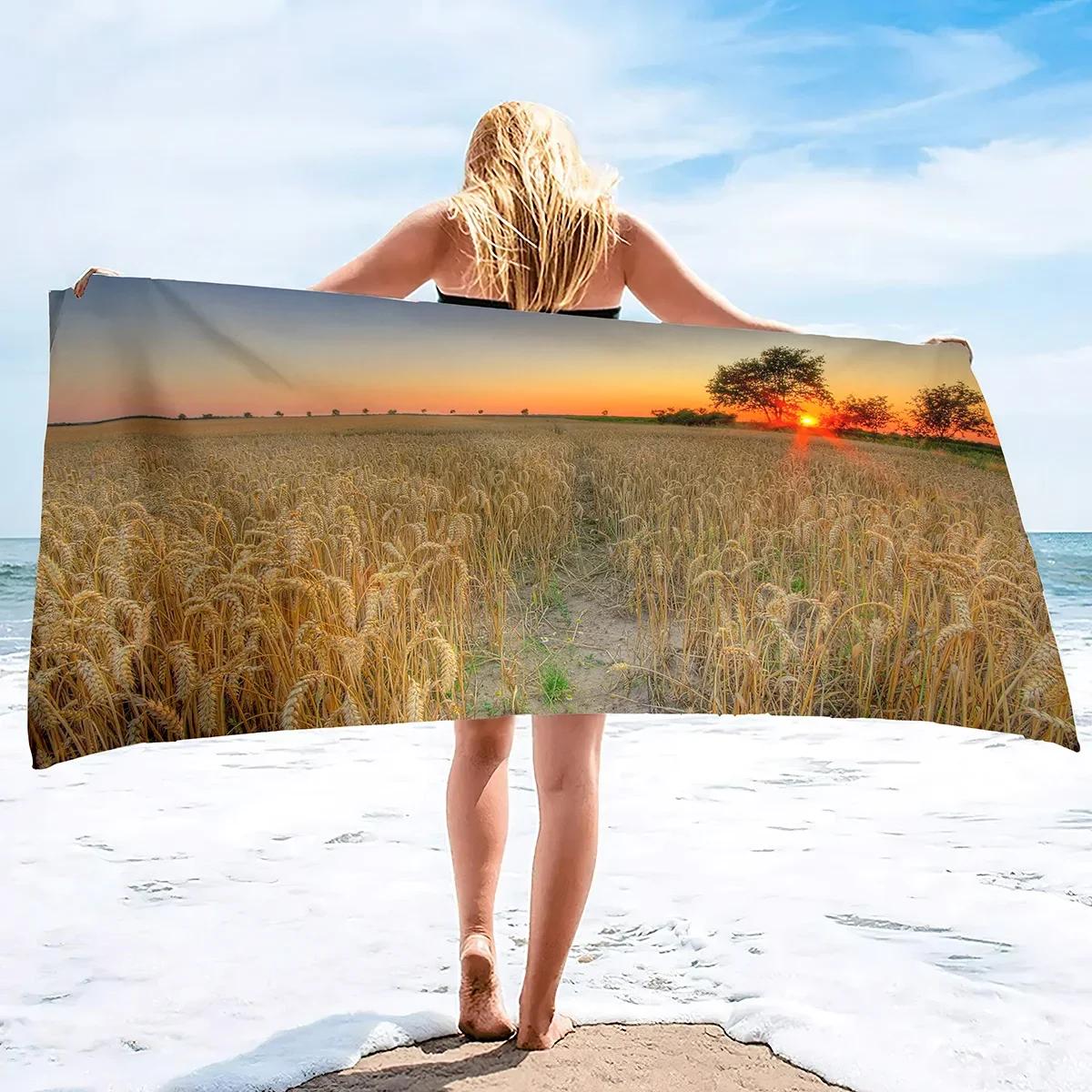 

Wheat Field Beach Towel Quick Dry Sand Free Lightweight Golden Oversized Large Microfiber Beach Towel Swimming for Adults Kids W40*H60(CM)