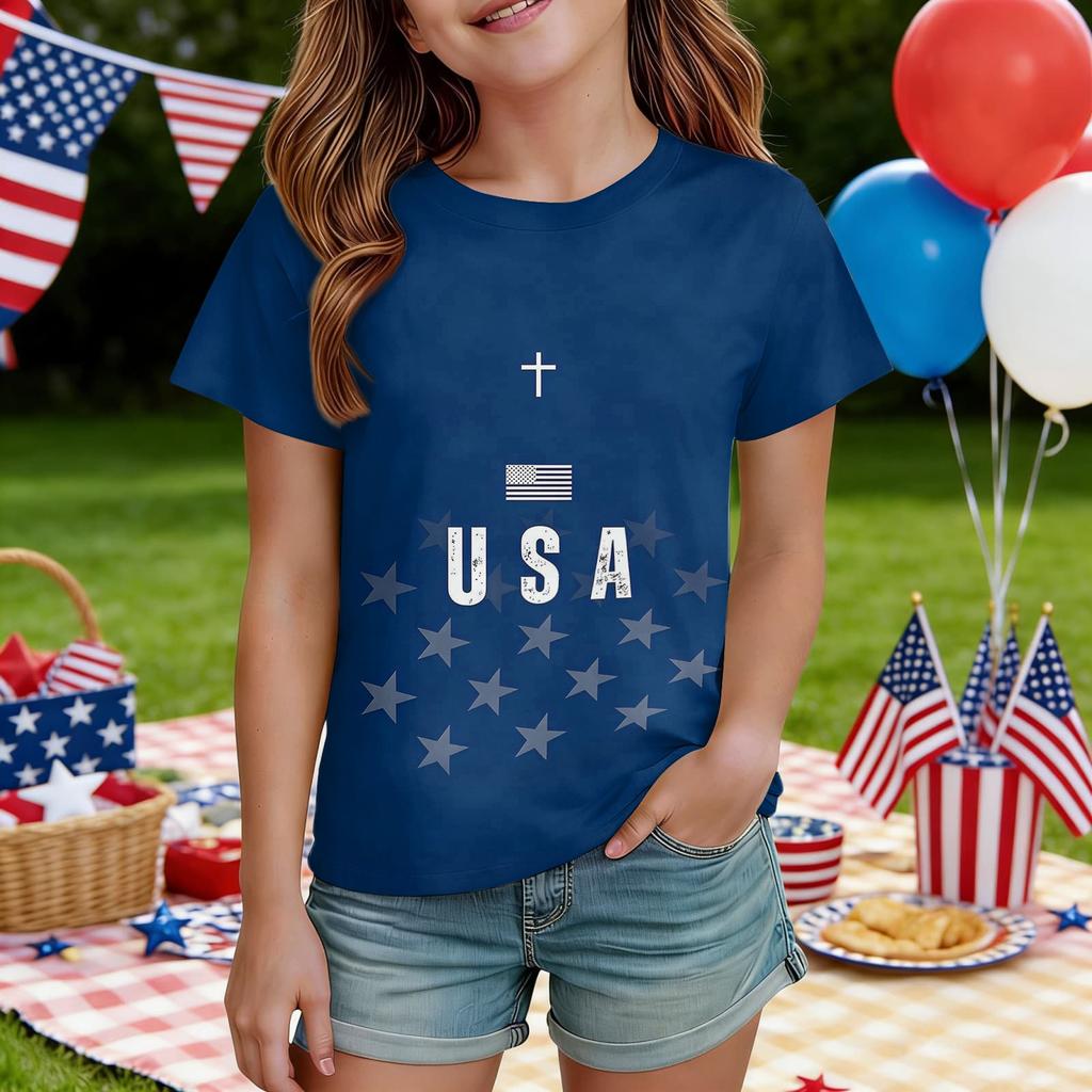 Kids Independence Day Print Round Neck Short Sleeve Casual T-shirt