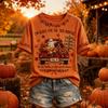Women's Casual Halloween Print V-Neck Short Sleeve T-Shirt Top for Fall and Daily Wear