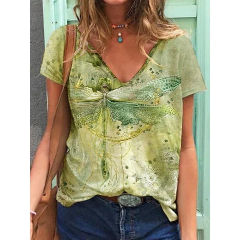 Sommer Schmetterling Libelle 3D V-Ausschnitt Bedruckt Neues Damen Top T-Shirt