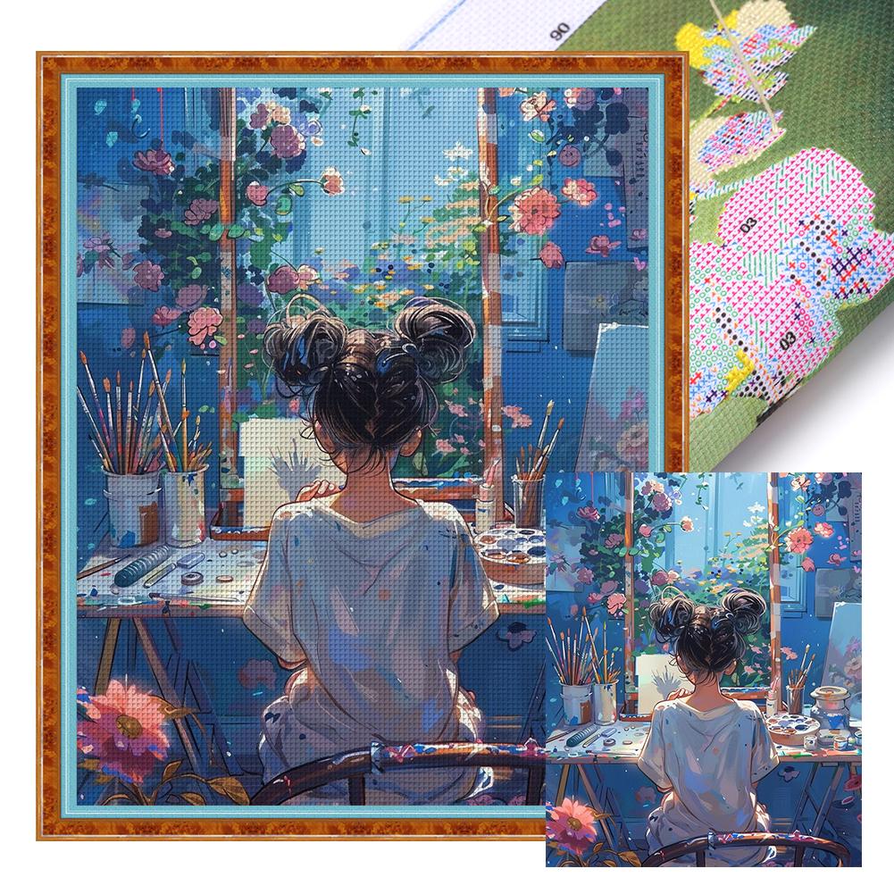 Tam Nakış Eko-pamuk İplik 11CT Baskılı Kız Çapraz Dikiş Seti Sanatı