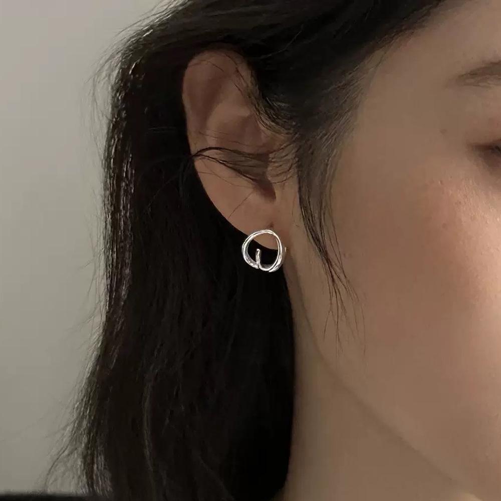 S999 Sterling Silver Korean Geometric Stud Earrings for Women - High-End, Stylish Irregular Hoop Accessory