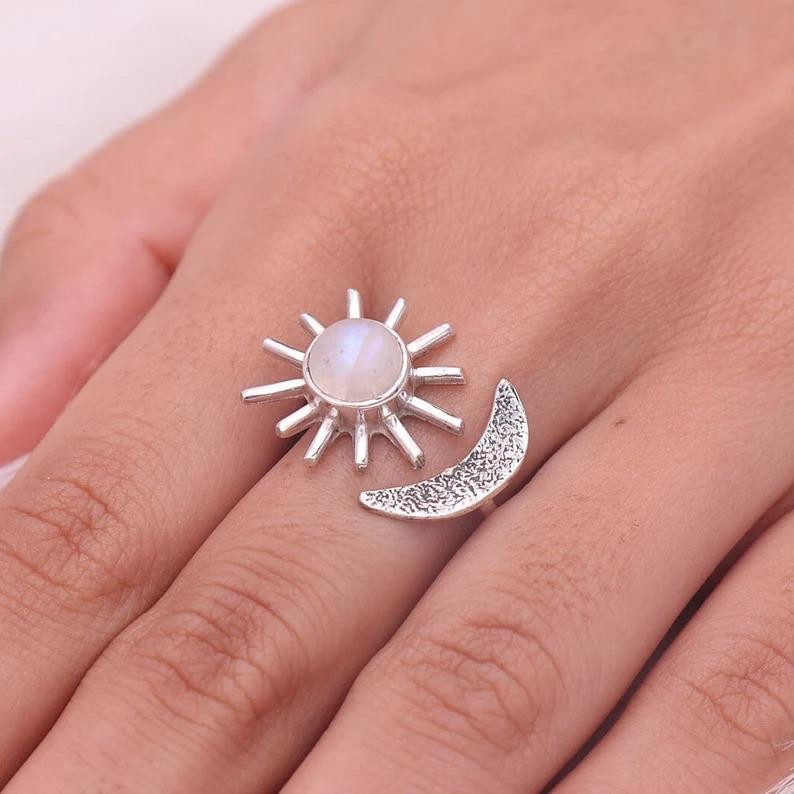 Mondstein Runder Edelstein Handgefertigter Designer Ring, Sonnenring, 925 Sterling Silber, Partywear Ring, Einzigartiges Geschenk, Charm Schmuck