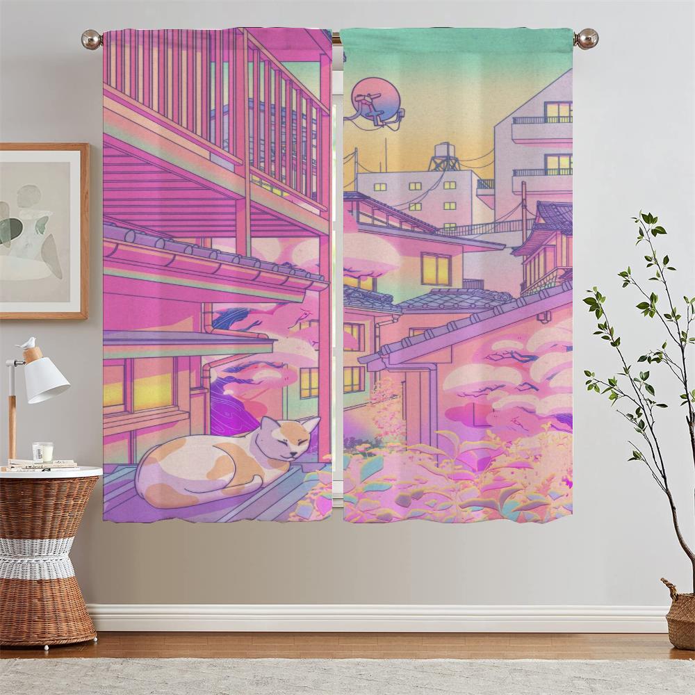 

City Pop Sheer Curtains for Living Room Kitchen Curtains 2 Pcs Set Blackout Curtain Tiebacks Window Blinds Home and Decoration W50xH70cmx2pcs-CL