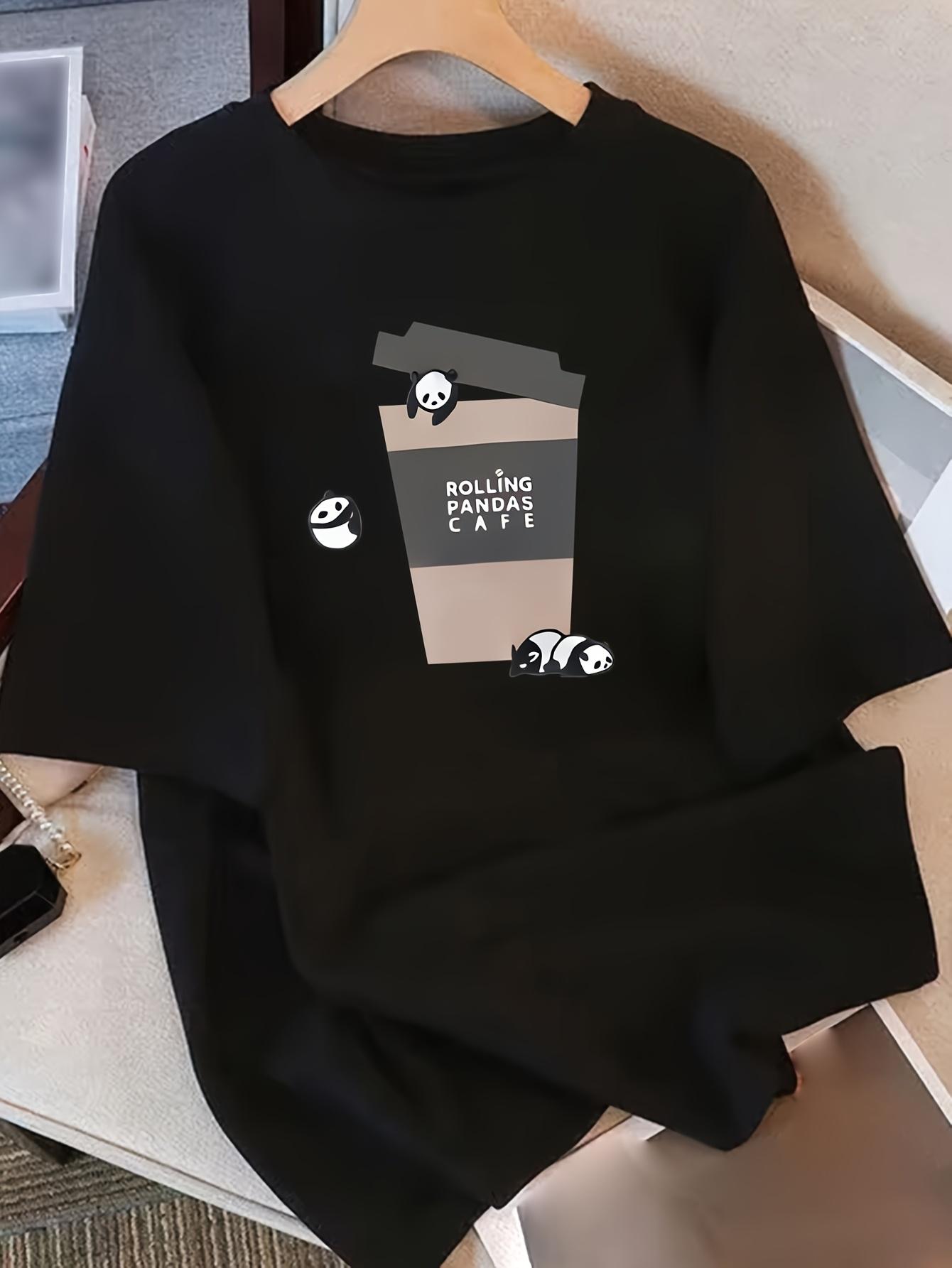 

Womens Black Cute Panda Print TShirt Soft Breathable Perfect for Everyday Casual Wear Comfortable Shortsleeved Top Minimalist S