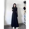 Hepburn-Style Black Long-Sleeve Dress: Elegant French Design for Women - Early Autumn, Flattering Waist-Cinch