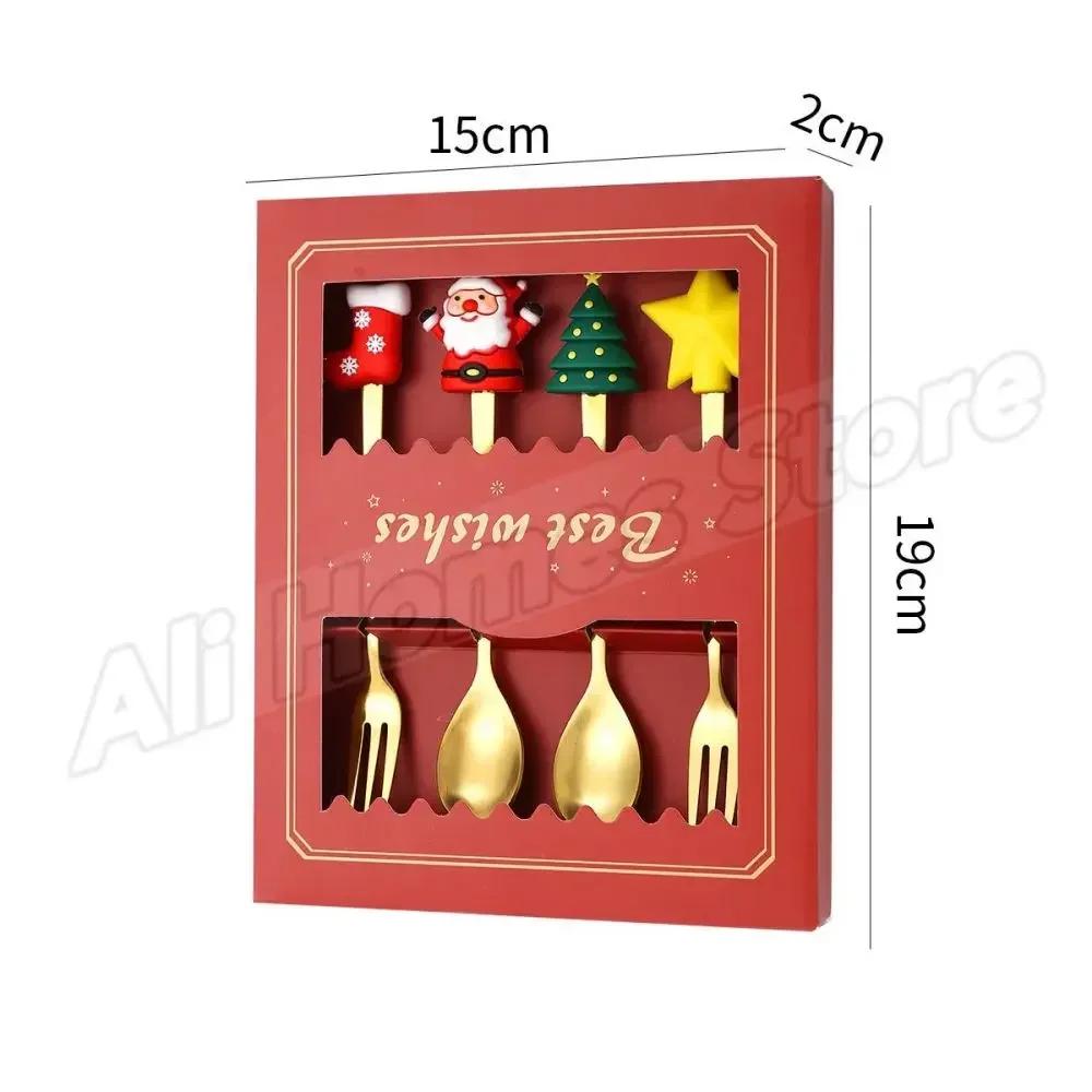 4Pcs Christmas Stainless Steel Cutlery Set Dessert Spoon Forks Christmas Gifts Elk Christmas Decoration Coffee Spoon Cutlery Set