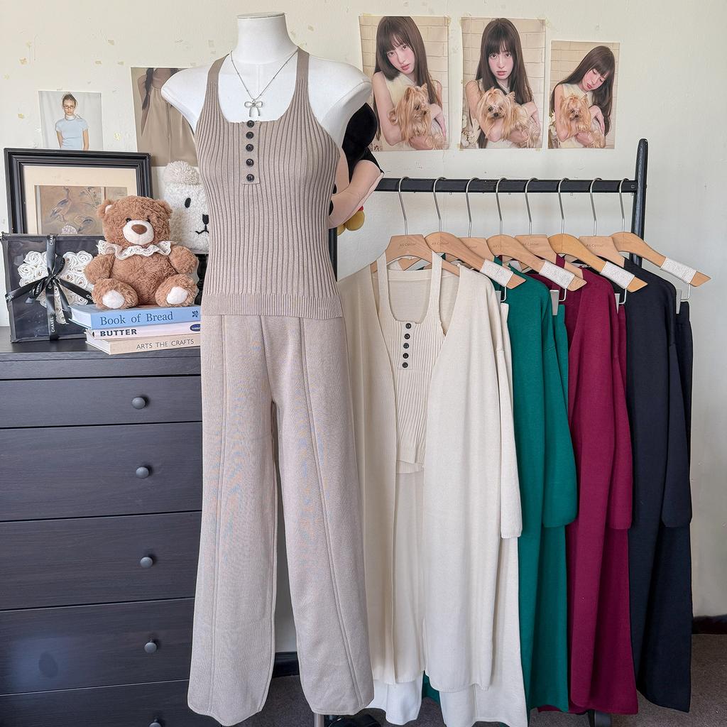 Autumn and Winter New Slim-fit and Thin Knitted Cardigan Sling Vest Wide-leg Pants Knitted Three-piece Set