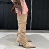Vintage Suede Women Knee High Boots Fashion Pointed Toe Shoes Autumn Winter Thin Heel Ladies Short Plush Long Booties