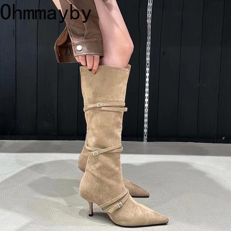 Vintage Suede Women Knee High Boots Fashion Pointed Toe Shoes Autumn Winter Thin Heel Ladies Short Plush Long Booties