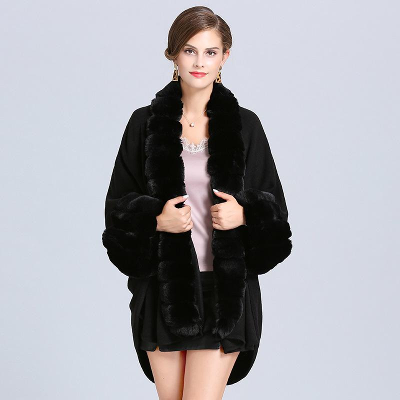 

Большой размер роскошный мех кролика большой меховой воротник вязаный кардиган куртка женская накидка шаль 1554 # One Size чёрный