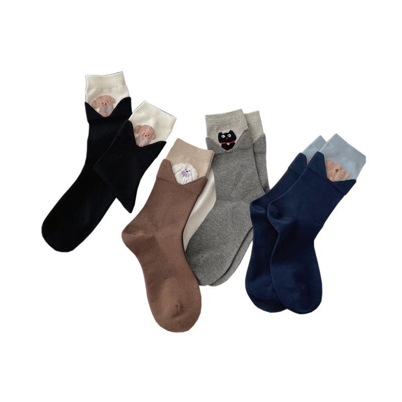 Fall/Winter Cotton Socks with 3D Cartoon Animals Edging - Women's Mid-Calf Socks - Cute Plush Socks