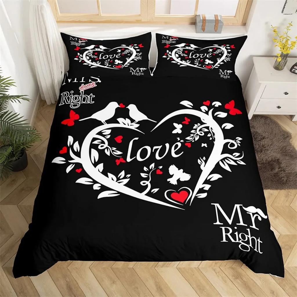Couple Romantic Wedding Mr And Mrs Duvet Cover Microfiber Funny Quotes Love Heart Happiness Love Birds For Valentine'S Day Adult