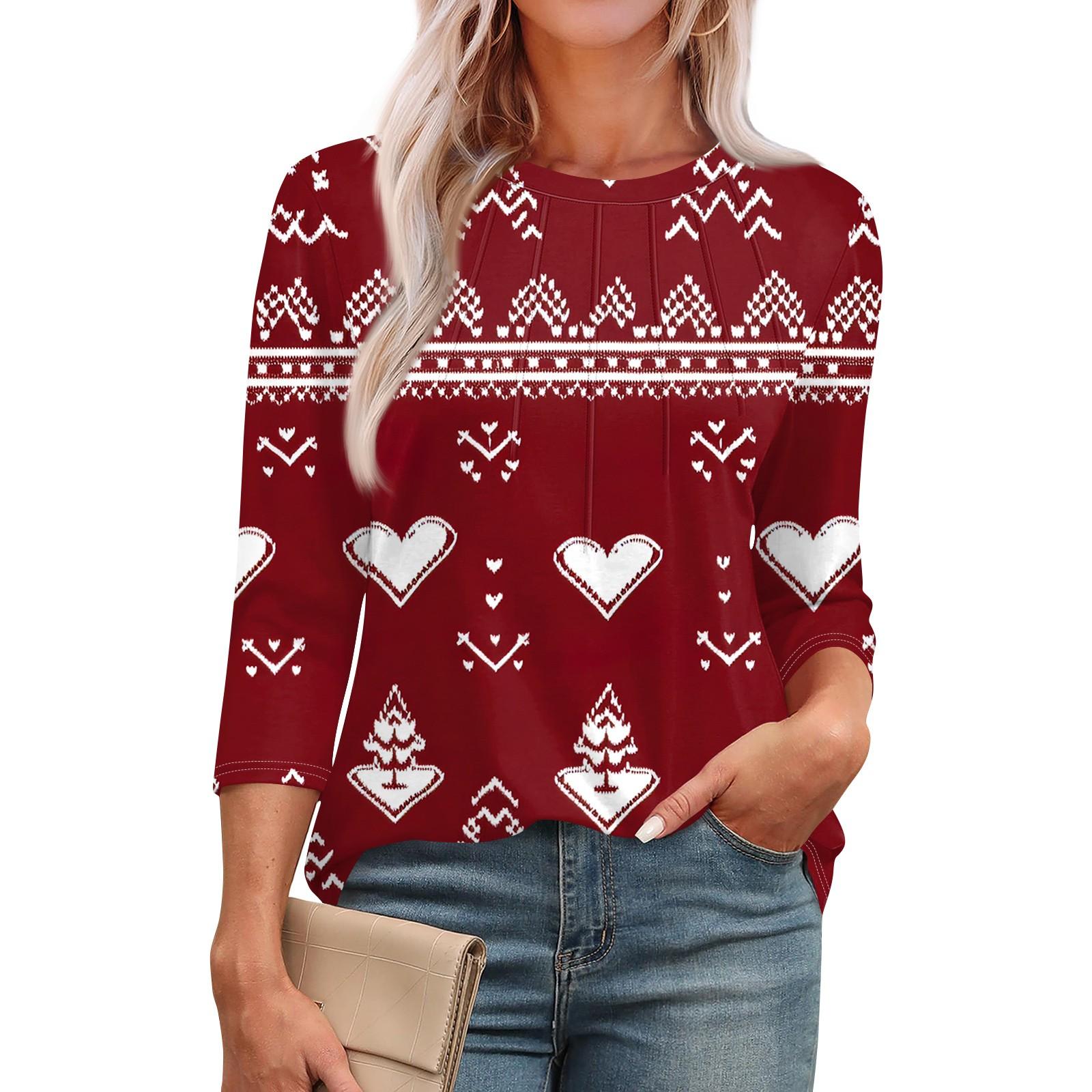 

Женская модная футболка с круглым вырезом и рукавом 3/4 с рождественскими принтами, повседневная базовая плиссированная футболка-пуловер XXL белый