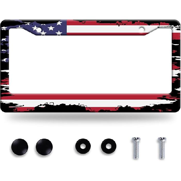 Grey Black American Flag License Plate Frame Vintage USA Flag License Plate Stainless Steel Funny License Plate Holder Patriotic Car Accessory Car