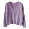 Knitted Heart Pattern Women Sweater Sweet Loose Short Pull Pullover Simple Casual Style V-neck Long Sleeve Top Korean Fashion
