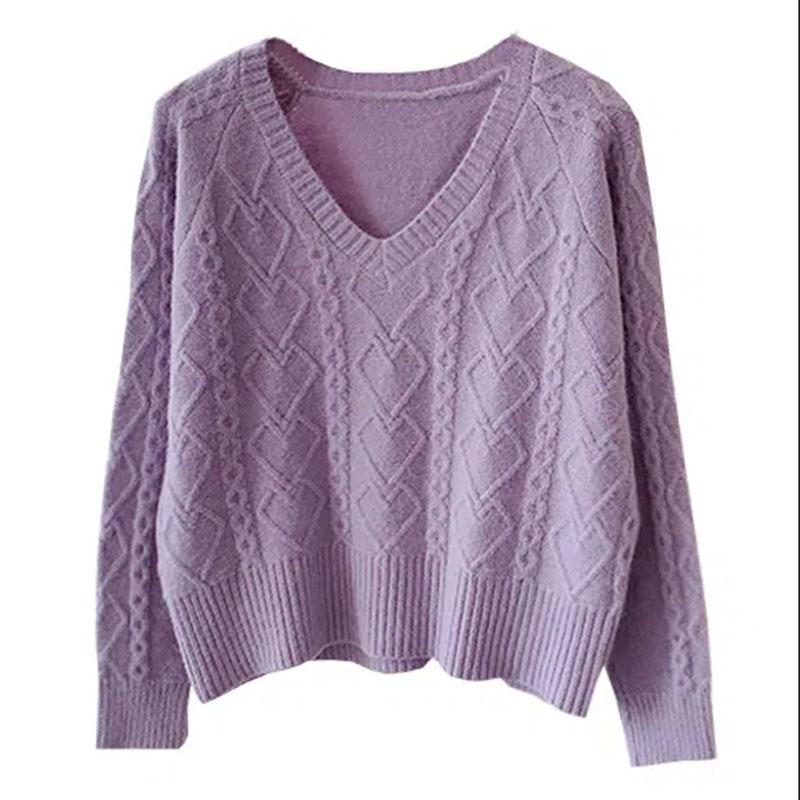 Knitted Heart Pattern Women Sweater Sweet Loose Short Pull Pullover Simple Casual Style V-neck Long Sleeve Top Korean Fashion