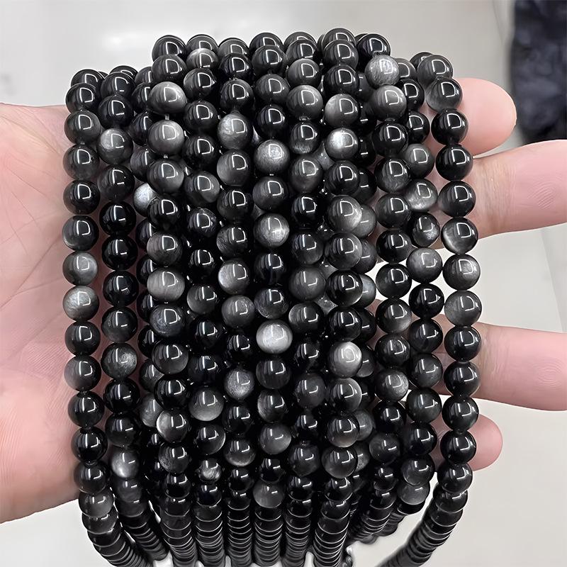 Naturlig Svart, Guld & Silver Obsidian 7A Kvalitet Löspärlor för DIY Smycken