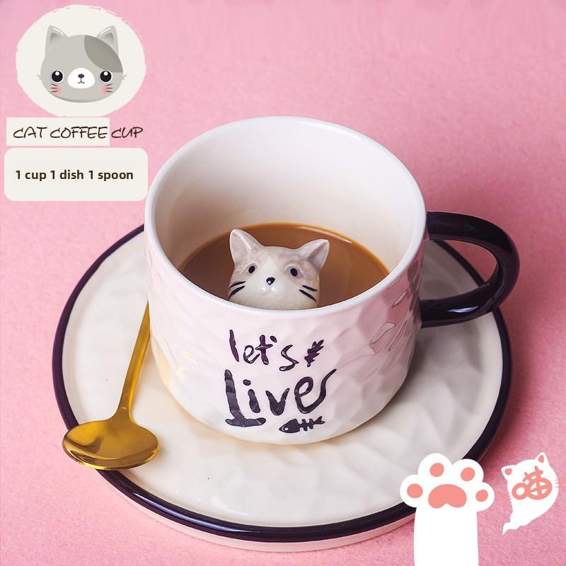 Ceramic Coffee Mug Set with Saucer Mini Cute Cat Couple Cup Creative Trendy Design