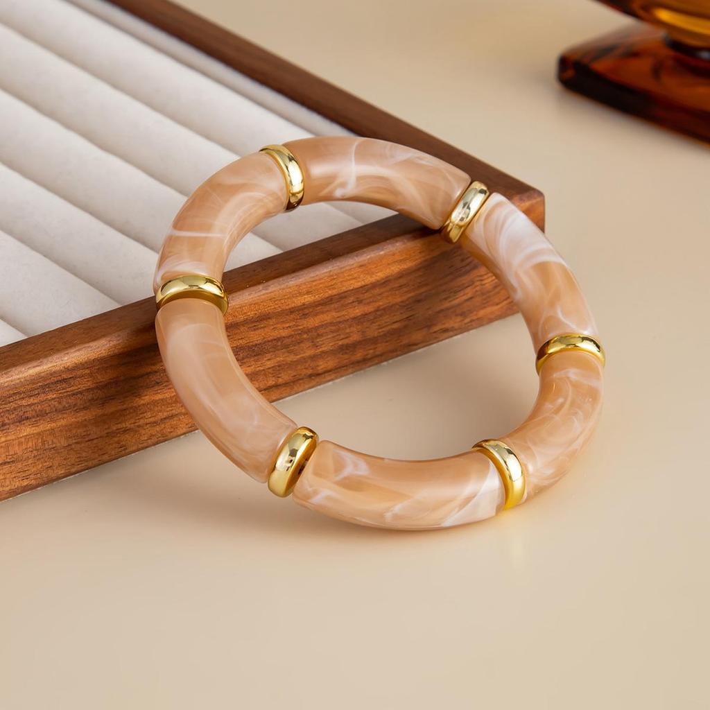 Retro Marbled Acrylic Geometric Bracelet - Leopard Print & Bamboo Bent Tube Design
