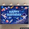 Space Space Birthday Background Cloth, Deep Blue Starry Sky with Light Blue Glitter "Happy Birthday" Character, Astronaut