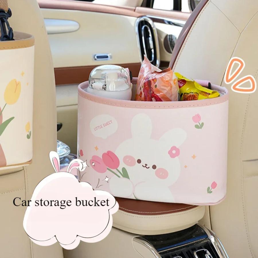 Cartoon Bear Car Trash Can Leather Printing Car Storage Bucket Hanging Multi-Functional Car Storage Box