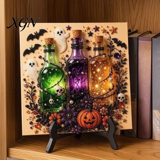 Interactive Parent Child Crafts Halloween Faux Pearl Art Kit, Pumpkin Ghost DIY Painting Theme Bead 3D Craft Set for Adults, Handmade Wall Stress