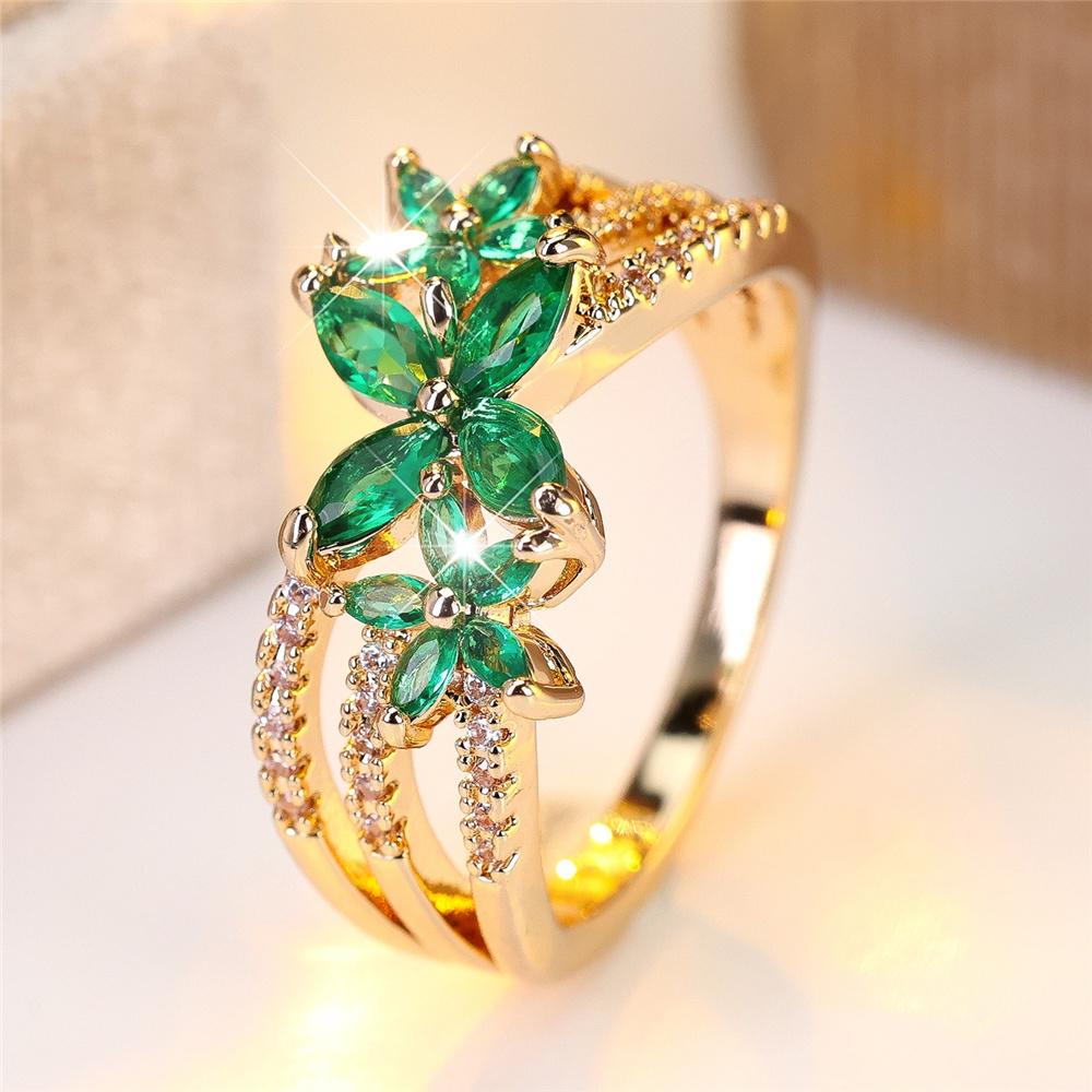 Cute Female Green Zircon Stone Gold Color Wedding Jewelry Promise Engagement Flower Rings For Women