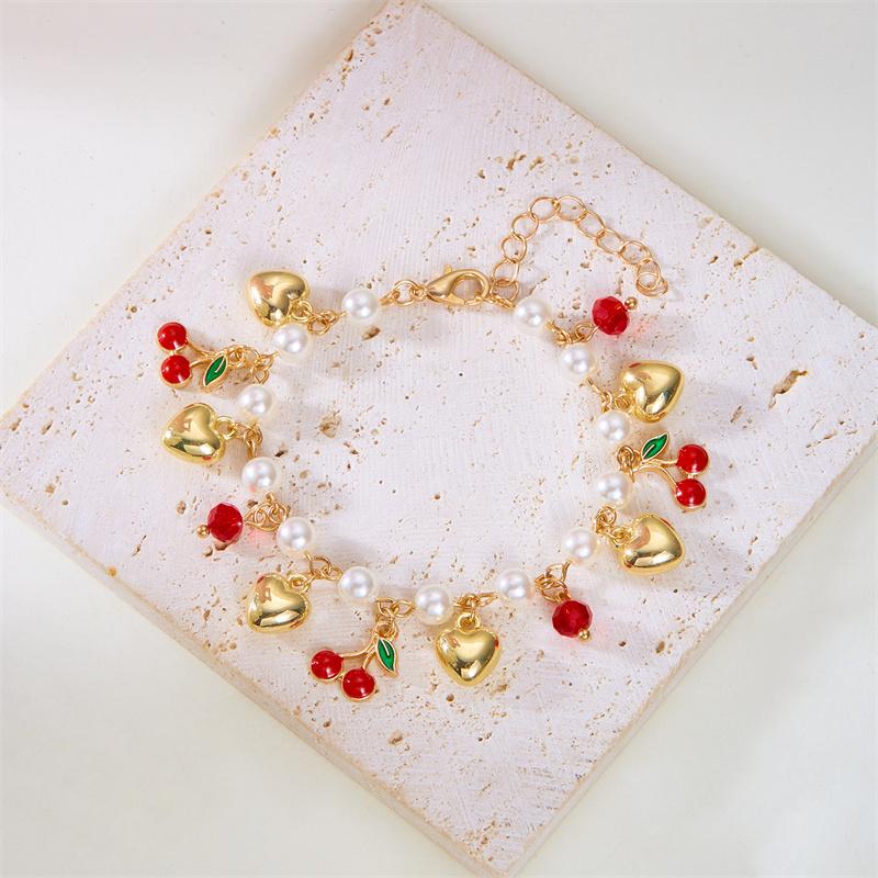 Sweet Cute Red Strawberry Cherry Bracelet for Women Girl Handmade Imitation Pearl Heart Pendant Bracelet Friendship Jewelry Gift
