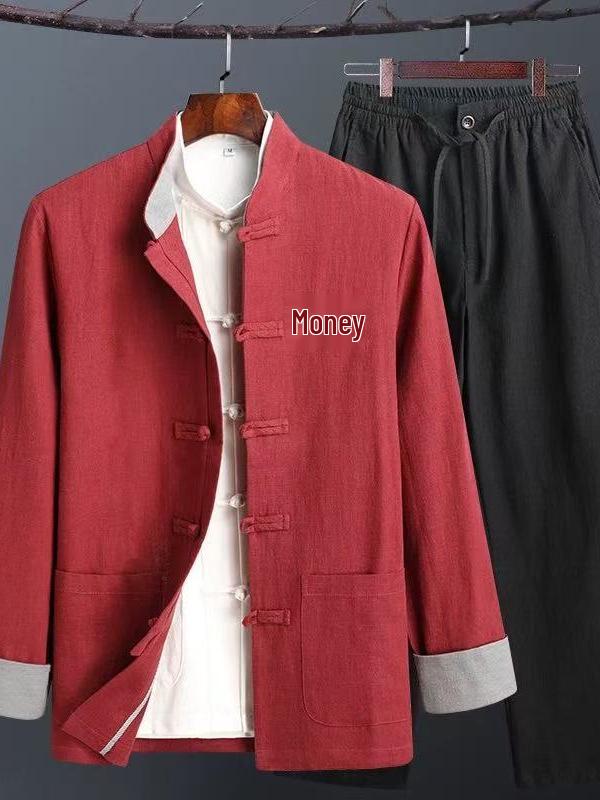 Men's Retro Chinese Tang Suit: Spring/Autumn Cotton Linen 3-Piece Set with Long Sleeve Frog Button Hanfu Coat