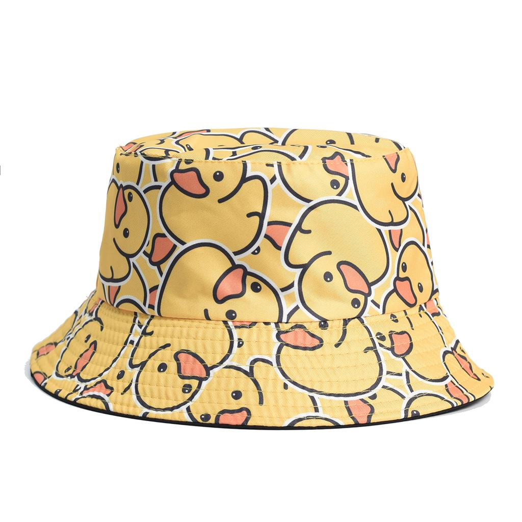 Cartoon-Ente Eimerhut Niedlicher Druck Fischerhüte Für Männer Frauen Doppelseitig Panama-Kappe 58cm Sommer Outdoor Sonnenhüte