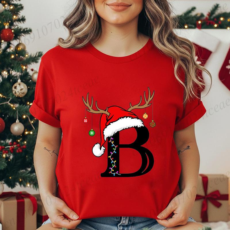 Fashion Christmas Alphabet Santa Reindeer Print T-Shirts Fashion Clothing Short Sleeve T-shirt Christmas Party Trend Women Tops