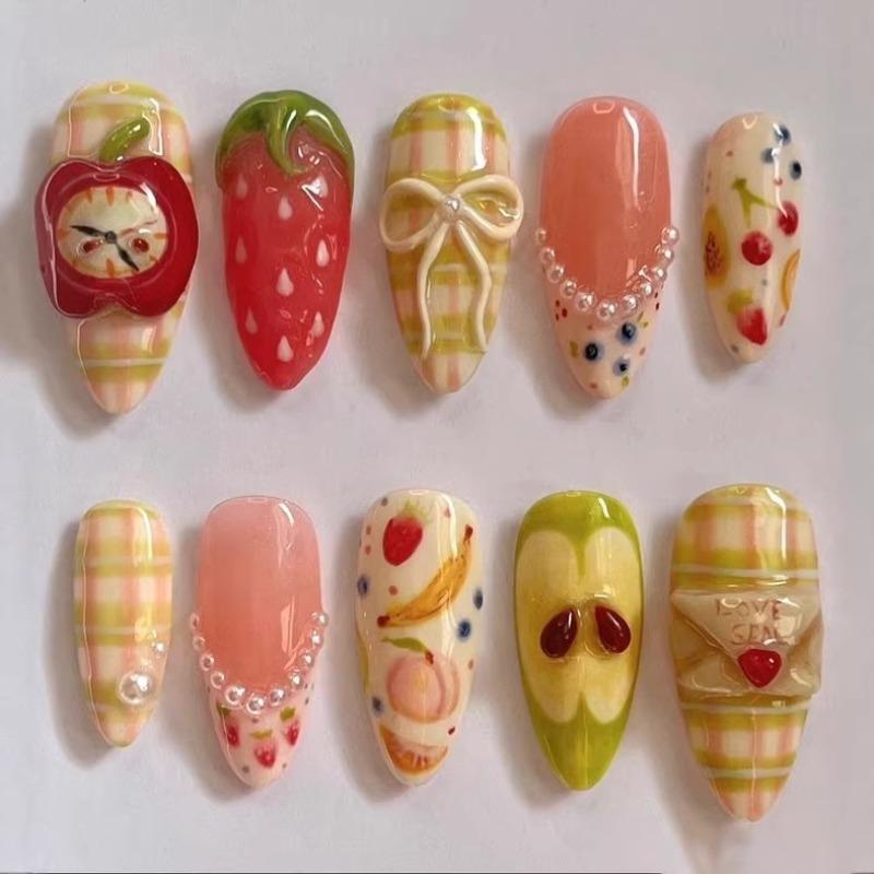 24PCS Vintage Green Plaid Almond Press On Nails Cute Fruit Bow Sweet Strawberry French Fake Nails for Women Girls Ins Nails Tips