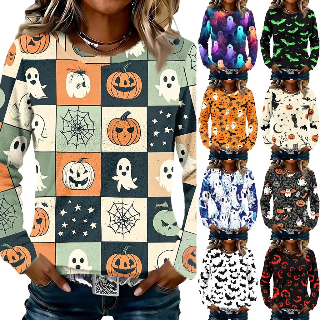 Women's Flannel Long Sleeve Top with Halloween Print Neck Pullover Shirt