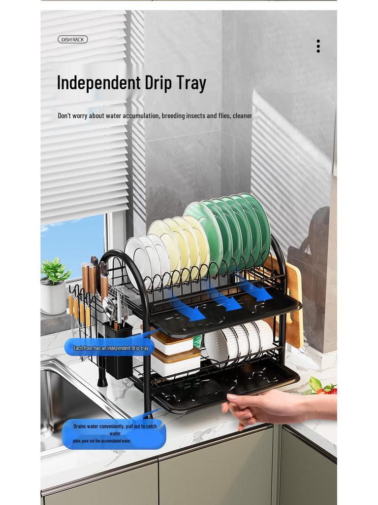 Kitchen Countertop Dish Drying and Storage Rack with Basket for Plates and Utensils