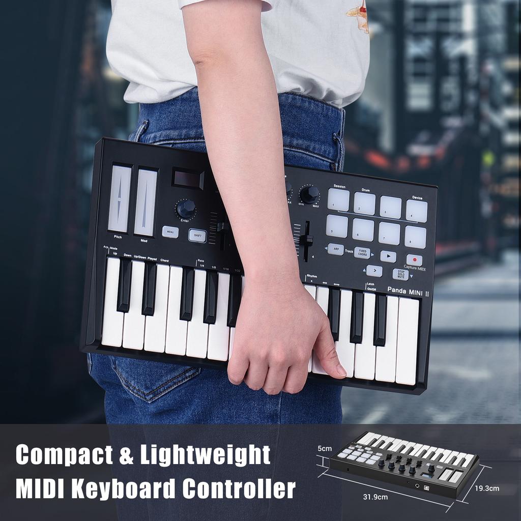 WORLDE Panda MINI II Portable 25 Key USB MIDI Keyboard Controller with 8 RGB Backlit Trigger Pads 4 Assignable Control