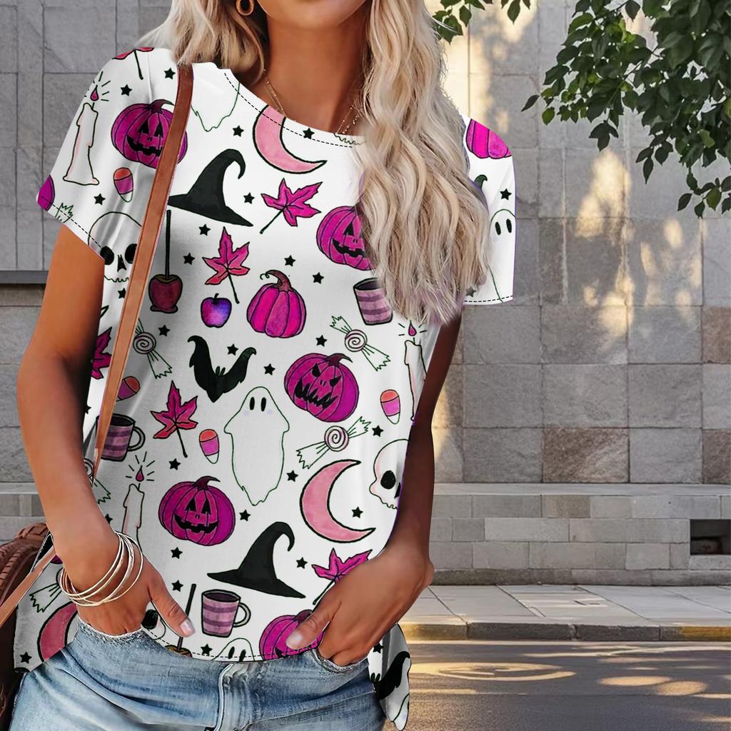 Women Summer T Shirt Halloween Print Retro Fashion Short Sleeve Tees Casual   Printed  Tops