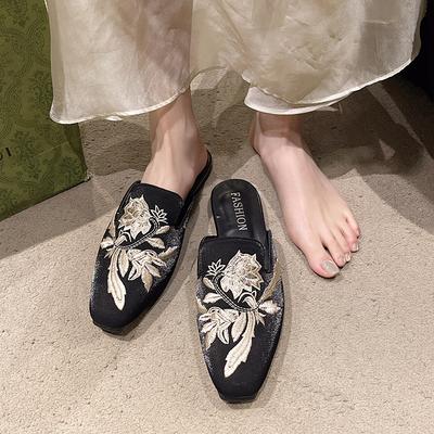 Moda Comemore Baotou Meias Pantufa Flores Bordadas com Strass Chinelos Sandálias de Salto Grosso Plano Feminino Casual Mulas Pantufa