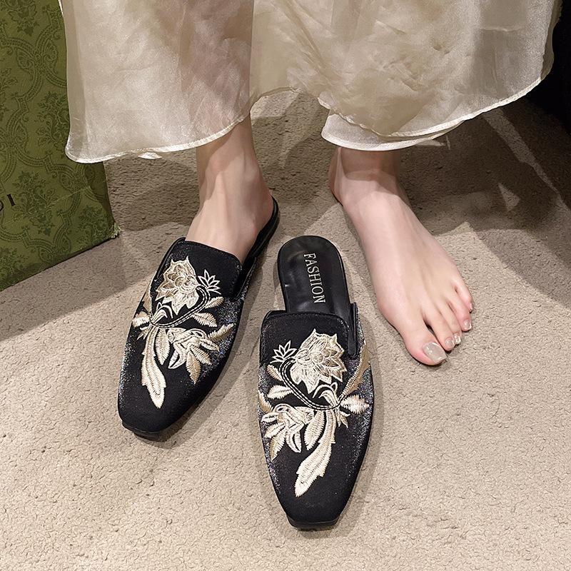 Fashion Comemore Baotou Half Slippers Rhinestone Embroidered Flowers Flip FlopsThick Flat Bottom Sandals Female Casual Mules Slipper