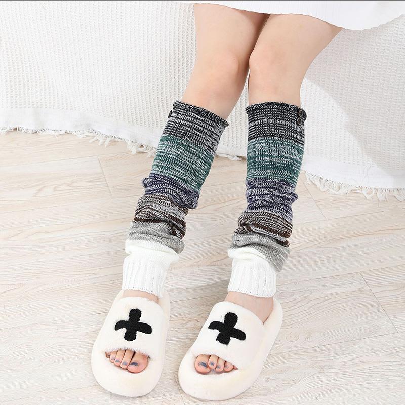 Autumn Winter New Women Shoe Covers Knee Pads Mixed Color Striped Buttons Long Over The Knee Knitted Warm Pile Sock Covers