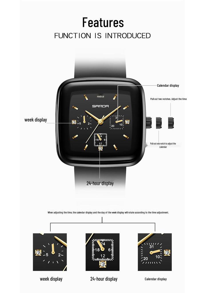 Sanda Square Men's & Women's Quartz Watch with Silicone Strap, Six Hands, Waterproof, Bar Markers, Fashionable Design