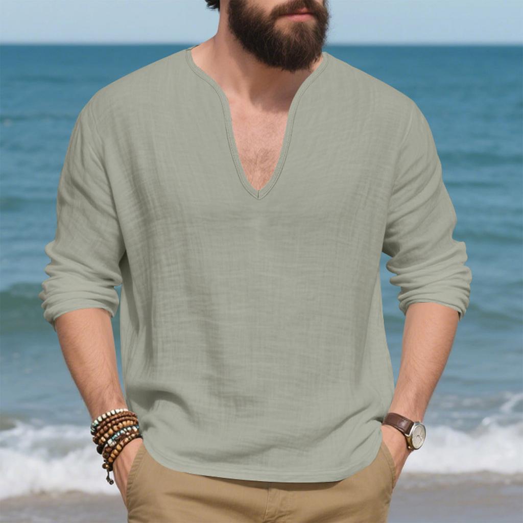 Mens Linen Shirts Loose Fit Long Sleeve T Shirt Solid V Neck Hippie Yoga Pullover
