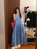 French Holiday Style Temperament Blue Vest Dress Women's Summer New Design Feeling Waist Thin a Word Long Dress